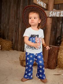 SHEIN Stylish Baby Girl Summer Daily Casual Short Sleeve Star Print Flared Pants Set
