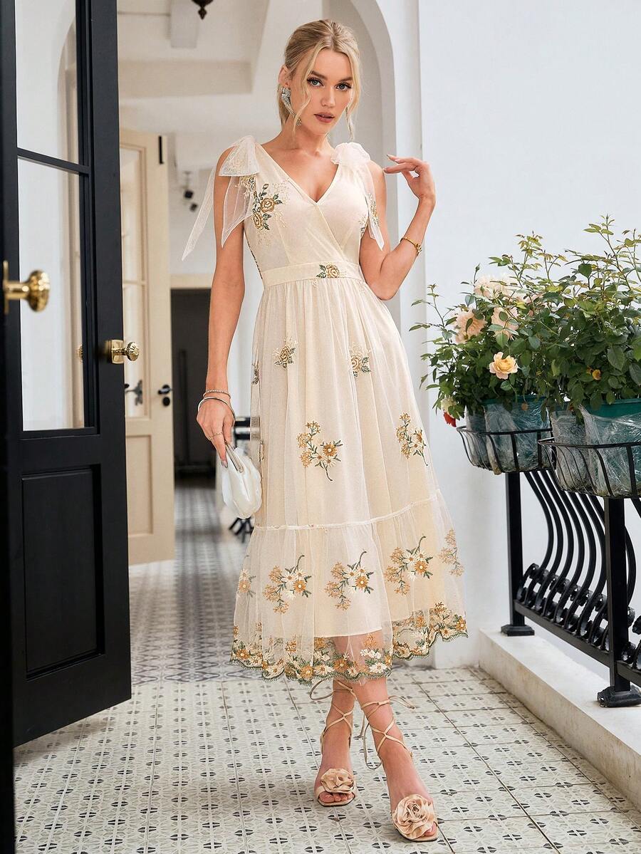 Simplee Summer Women Elegant Long Dress With Floral Embroidery, Mesh Shoulder And Knot Detail