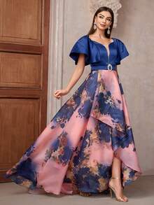 Vestido maxi de dama de honor con estampado floral, escote de corazón y mangas cortas con volantes, vestido elegante - Multicolor - Ver 4