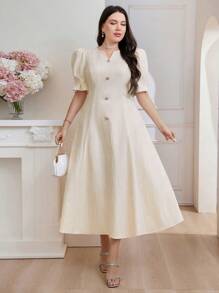 Modelyn Plus Size Women's Summer Solid Color Notch V-Neck Short Puff Sleeve Button Decor Elegant Arabic Clothing