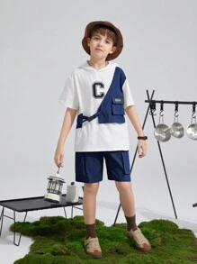 SHEIN 青少年男孩鬆身休閒連帽上衣加短褲2件套裝 - 藏蓝色 - 查看 3