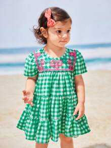 SHEIN Baby Girl Holiday Casual Plaid & Floral Printed Patchwork Dress - Green - View 5