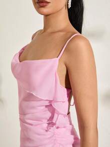 SHEIN BAE Summer Sexy Pink Sweetheart Neckline High Slit Ruffle Trim Side Decorated Fitted Pleated Backless Cami Dress For Women - Pink - View 7
