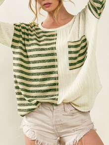 Women's Khaki Striped Patch Textured Fabric Long Sleeve Top - Khaki - View 6