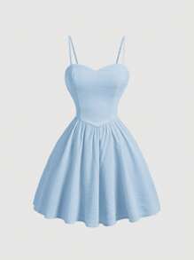 SHEIN MOD فستان صيفي أصفر أصفر الزبدة مربوط من الخلف مع أربطة للسيدات ذو طابع رومانسي - الأزرق - مشاهدة 2