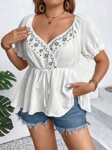 Calvaya Camisa de manga corta con cuello en forma de corazón y estampado gráfico para tallas grandes, casual para el verano