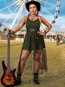 Flirla Plus Size Summer Music Festival Polka Dot Mesh Splice Cami Dress - Army Green - View 4