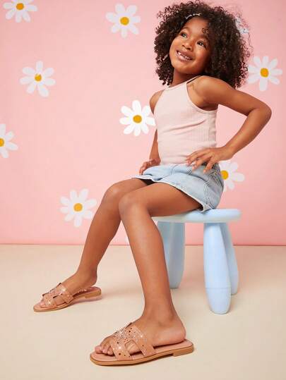 Mini mi 兒童彩色鑲嵌防滑扁平涼鞋，新夏季風格