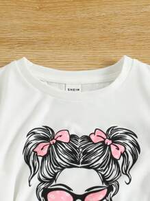 SHEIN Ensemble assorti décontracté pour jeune fille avec motif mignon de fille et pantalon floral