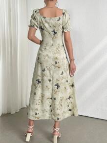 Mulvari 女士休閒短袖泡泡袖蝴蝶印花連衣裙，隨機設計