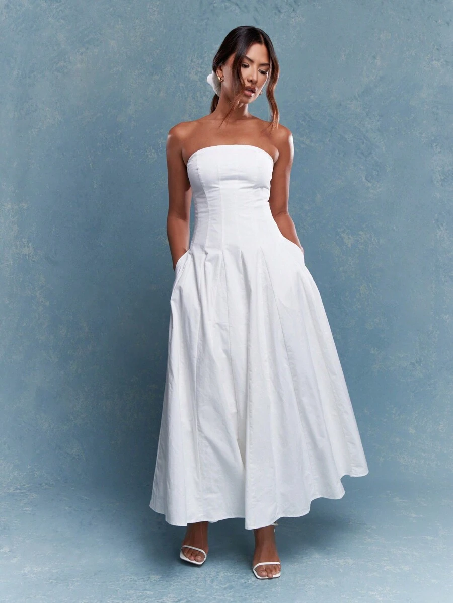 MISSGUIDED Corset Bust Pleated Strapless Bandeau Maxi Dress With Scrunchie Mother Day Outfit Cute Sundress