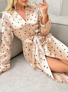 Váy ngủ lụa dài tay chấm bi thanh lịch dành cho nữ - Màu Khaki - Xem 6