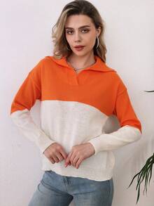 拼色立領套頭長袖休閒毛衣