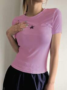 DAZY Women's Summer Casual Short Sleeve T-Shirt With Star Print And Round Neck - Pink - View 2