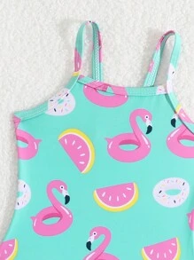 SHEIN 新生嬰兒女孩卡通火熱羽毛印花休閒坦克泳裝