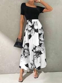 SHEIN Privé 女士夏季 A 字形花卉印花中长连衣裙，方形领口，适合日常穿着，优雅浪漫度假，海滩派对，音乐节，婚礼 夏威夷连衣裙 教师连衣裙 早午餐装 休闲女装 教师连衣裙 90 年代时尚 返校服装 巡航女装 女士复古服装 - 黑與白 - 查看 4