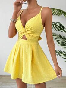 Breezaya Bộ áo liền quần thường ngày khoét rỗng phía trước màu trơn dành cho nữ với vòng eo cut-out và dây đeo spaghetti có thể điều chỉnh, dành cho kỳ nghỉ - Màu vàng - Xem 5