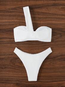 SHEIN Swim 女士纯色扭纹单肩性感比基尼套装，适合度假夏季 - 白色 - 查看 6
