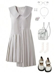 Teen Girls Woven Asymmetric + Pleated Navy Collar Dress