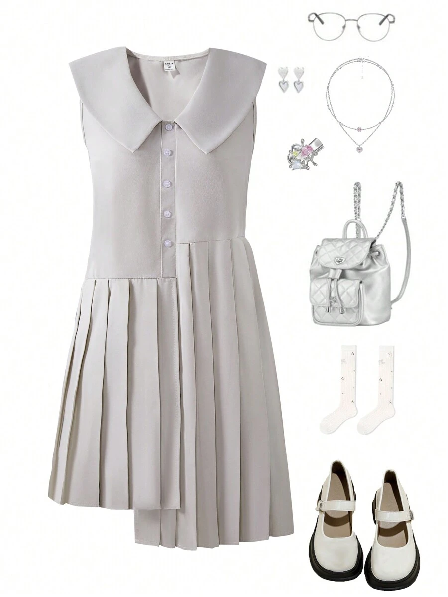 Teen Girls Woven Asymmetric + Pleated Navy Collar Dress