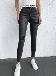 EURMUSE Zerrissene Skinny Denim Hose - Grau - Übersicht 3