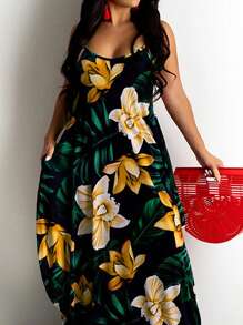 Plus Size Summer Vacation Floral & Botanical Print Dress, Sleeveless Elegant Party - Multicolor - View 5