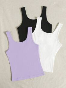 Comfortcana Summer Casual Solid Color Knitted Tank Top Three Pieces Set - Lilac Purple - View 2