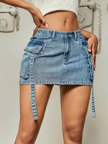 Y2K Street Flap Pocket Tape Detail Cargo Denim Mini Skirt Summer Hottie - Light Wash - View 3