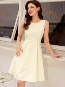 Vintamour 復古優雅的女士緊身連衣裙，春夏季，提花紋理，圓領，無袖，扣子衣襬釘飾，適合工作和休閒，白色A字裙夏季連衣裙女裝夏裝A字裙復古裙優雅裙膝長連衣裙短袖無袖裙夏季套裝教師裝商務女裝女士復古服裝工裝教師裙商務休閒裙開學穿搭 - 白色 - 查看 1