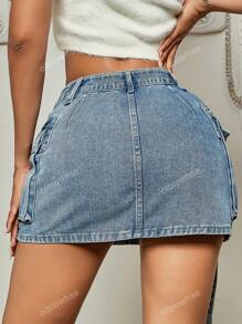 Y2K Street Flap Pocket Tape Detail Cargo Denim Mini Skirt Summer Hottie Outfit