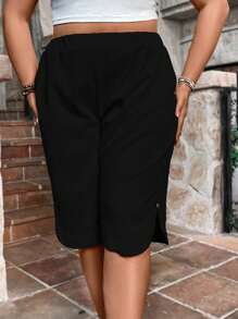 Plus Size Vacation Leisure Solid Color Slanted Pocket Pants