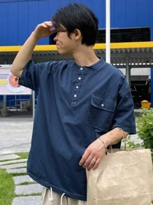 DAZY Men's Summer Plain Button Down Cargo Shirt With Pockets, Drop Shoulder & Loose Fit Back To School - Blue - View 2