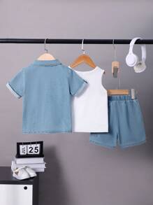 SHEIN Young Boys' Knitted Denim Vest, Short Sleeve T-Shirt And Shorts 3pcs/Set