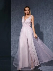 Rochie de domnișoară de onoare fără mâneci, cu suprapunere de plasă, cu crăpături înalte și aplicații decorative, rochie de seară - Roz - Vizualizare 5