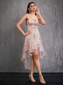 Mgiacy Strapless Romantic Sparkly High-Low Dress Party Dress Wedding Guest Dress Prom Dress
