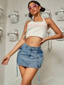Y2K Street Flap Pocket Tape Detail Cargo Denim Mini Skirt Summer Hottie Outfit