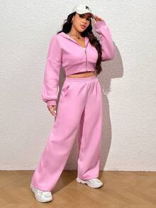 CovetEZ Plus Size Pink Hooded Sweatshirt And Long Pants Set - Pink - View 3