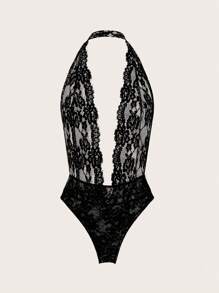 SHEIN ICON 性感透視蕾絲深V領露背領帶連體褲 - 黑色 - 查看 5