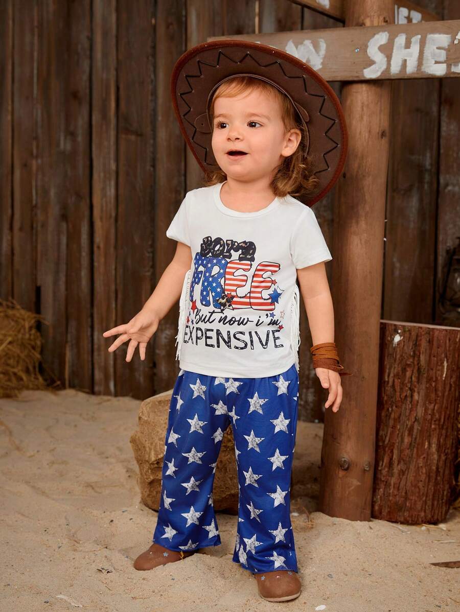SHEIN Stylish Baby Girl Summer Daily Casual Short Sleeve Star Print Flared Pants Set