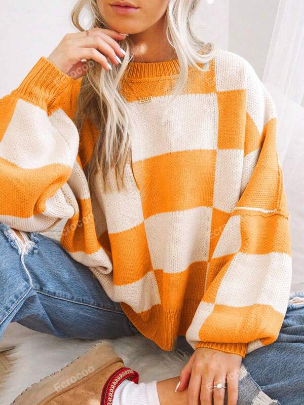 Checkered Bishop Sleeve Sweater,Long Sleeve Tops