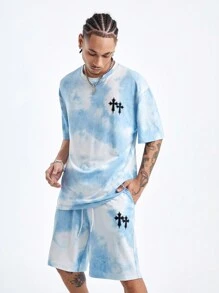 Manfinity VCAY Men's Loose Fit Cross Print Round Neck Knit T-Shirt Set, Suitable For Summer