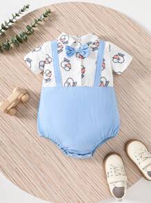 Baby Boy Summer Casual Eid Al-Adha Sheep Pattern Patchwork Bodysuit With Suspenders - Blue - View 1