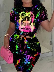 Slaydiva 隨性寬鬆的墨水飛濺多彩女孩圓領短袖T恤和短褲套裝，大尺碼，夏季 - 黑色 - 查看 6