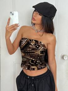 SHEIN EZwear Casual nauwsluitende strapless top met volledige print in Y2K-stijl, geschikt voor de zomer