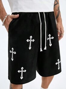 Manfinity NXTstreet Men's Loose Knitted Shorts With Printed Cross, Suitable For Summer - Black - View 2