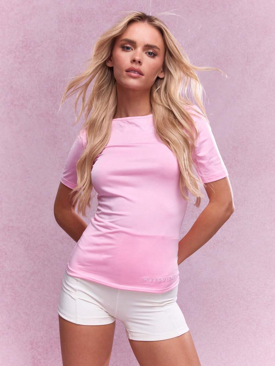 MISSGUIDED Embroidered Label Jersey Fitted T Shirt - Pink - View 1