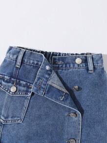 SHEIN Falda pantalón de mezclilla cargo con abertura lateral para niñas preadolescentes - Azul lavado medio - Ver 4