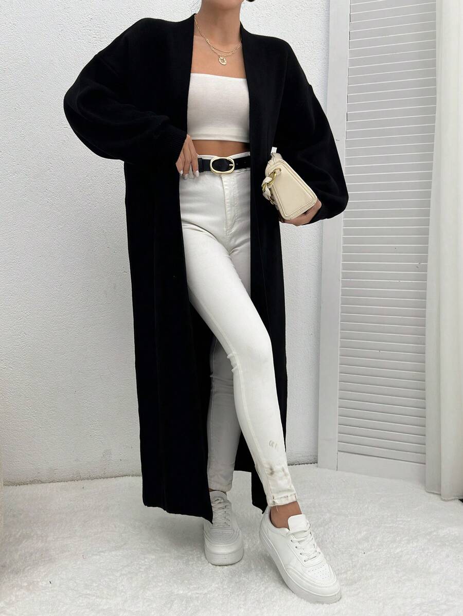 EURMUSE Dual Pocket Drop Shoulder Open Front Black Sweater Cardigan - Black - View 1