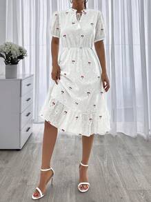 SHEIN Cottnline Floral Embroidery Short Sleeve Dress - White - View 6