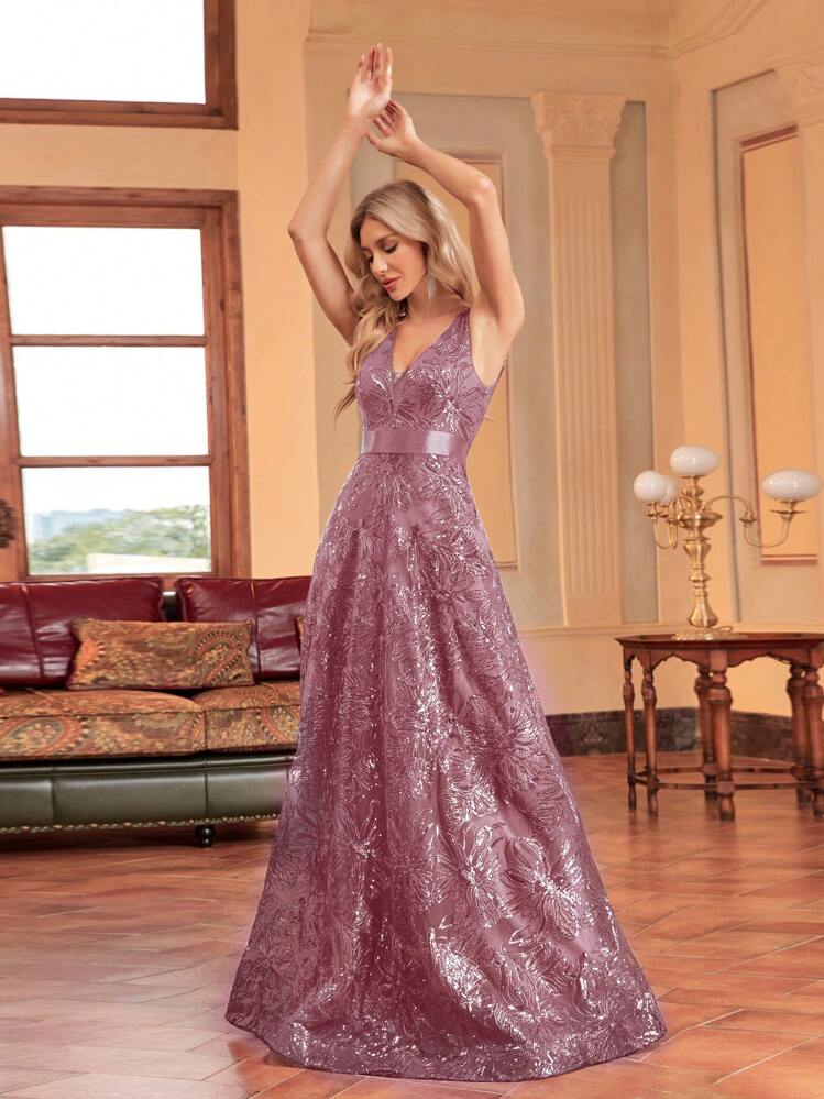 Vestido de noche elegante y formal de longitud hasta el suelo con cuello en V, sin mangas y ajustado a la cintura, con bordado y lentejuelas (muy adornado) para mujer de BluePlum, para boda y primavera - Rosa vieja - Añade 5
